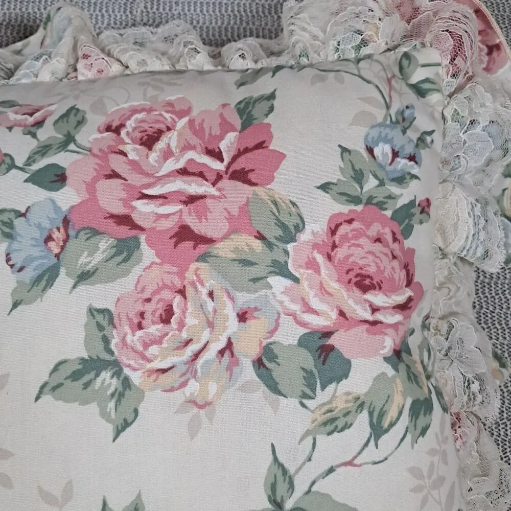Vtg Romantic Rose Floral Pillow Lace Accent Cottage Granny Core